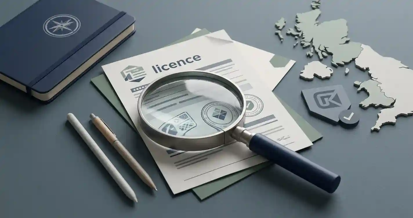 Licence document, magnifier and UK map fragments