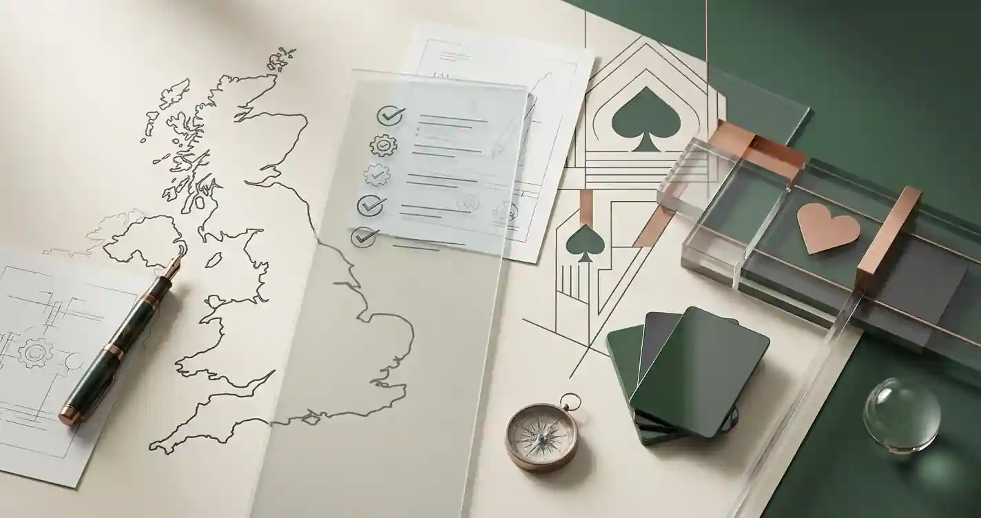 UK map and casino-feature symbols used to compare product features with regulation