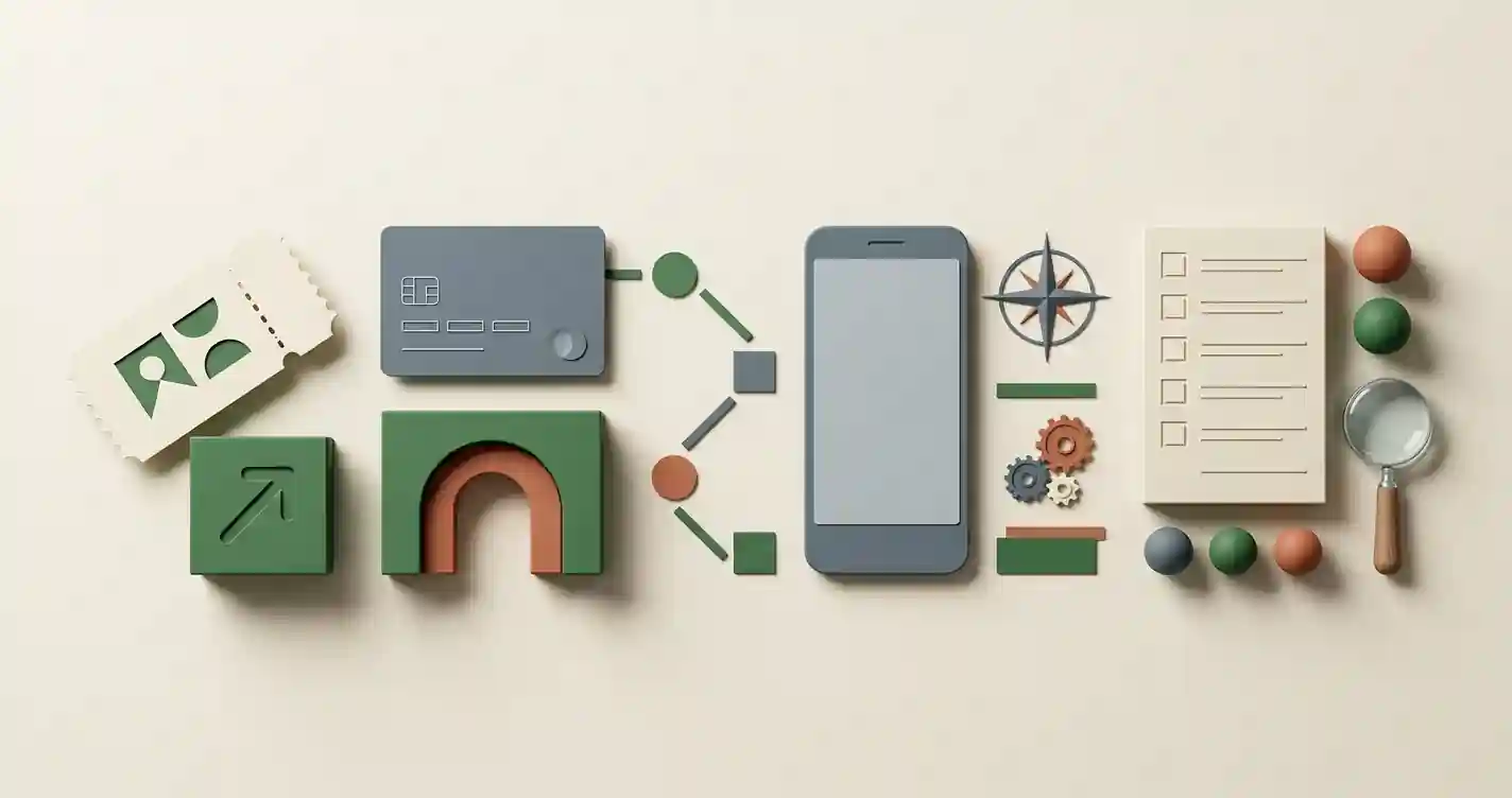 Bonus, payment, mobile and account-check symbols arranged around a decision path